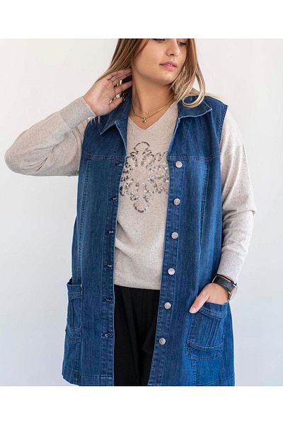 AKŞEN GİYİM Large Size Lycra 100% Cotton Two Pockets Metal Buttons 75 cm Length Denim Jean Vest
