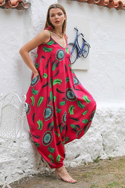 Chiccy Fuchsia V-Neck Oversize Woven Baggy Leg Jumpsuit - Strap Pocket and Allover Printed