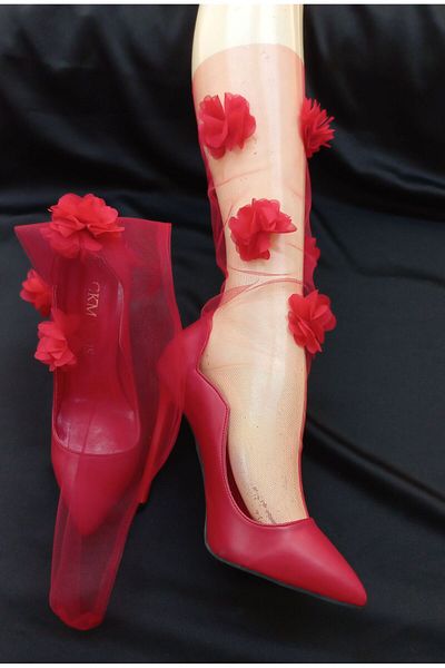 es moda shop RedEftelyaFlower Patterned Tulle Bridal Socks