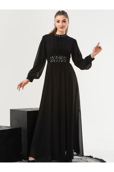 BERNEO Stone Detailed Women's Hijab Evening Dress - Waist and Collar with Stones