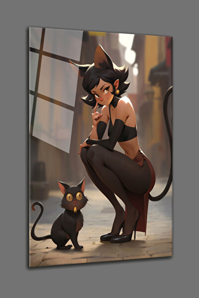 BV DEKOR Γυάλινη ζωγραφική με θέμα την γάτα-στυλ άνιμε-Διακόσμηση σπιτιού-Γυά...