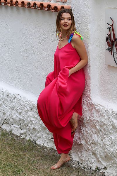 Chiccy Fuchsia V-Neck Oversize Pompom Shalwar Leg Jumpsuit - With Straps and Pockets