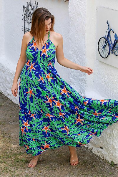 Chiccy Зелена сукня з принтом по всій довжині та зав'язкою на шиї