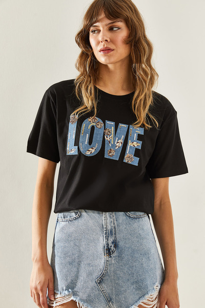Bianco Lucci Love Written Women's Combed Cotton T-Shirt - Embroidered Detail60251290