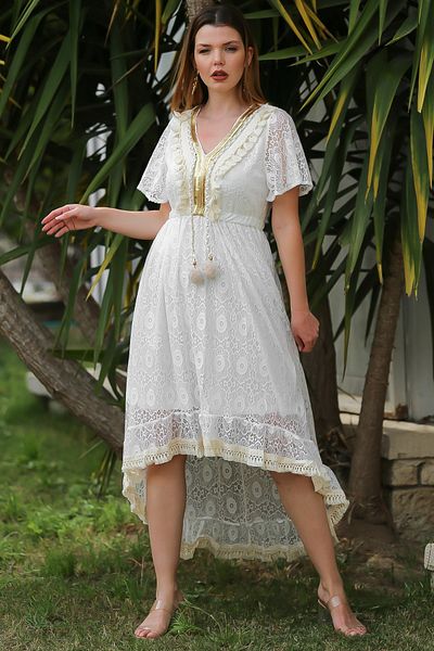 Chiccy Ecru V-Neck Tassel Detailed Lace Long Back Casual Dress