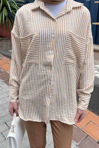 lamelif Κρέμα ριγέ λινό πουκάμισο με διπλή τσέπη