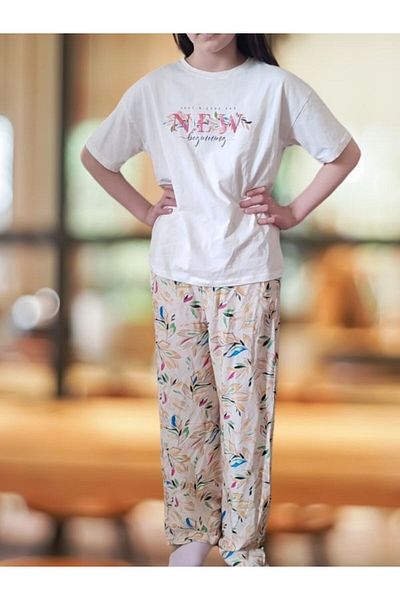 CİCHLİD Girl's Ecru Set - Crew Neck T-Shirt and Trousers