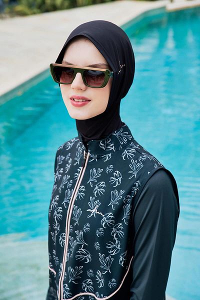 Haşema Σετ 5 τεμαχίων Hijab μαγιό με ροζ Piping Λεπτομερές πράσινο Gilet