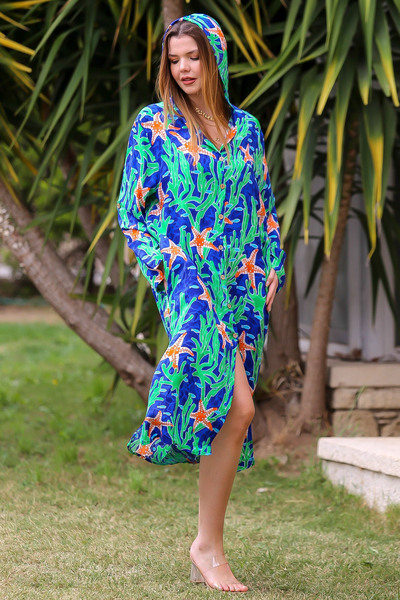 Chiccy Petrol Blue Allover Printed - Μακρυμάνικο casual φόρεμα με κουκούλα και κουμπιά με σχισμή