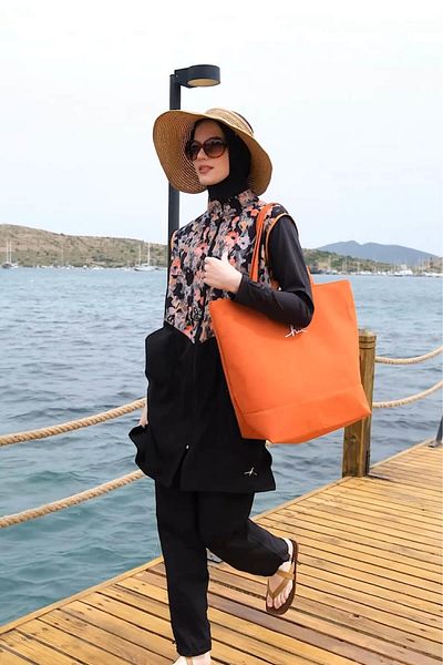 Haşema Πορτοκαλί λινό τσάντα παραλίας - με υπογραφή κεντήματος και φερμουάρ