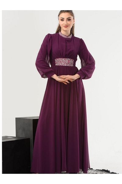BERNEO Stone Detailed Women's Hijab Evening Dress - Waist and Collar with Stones