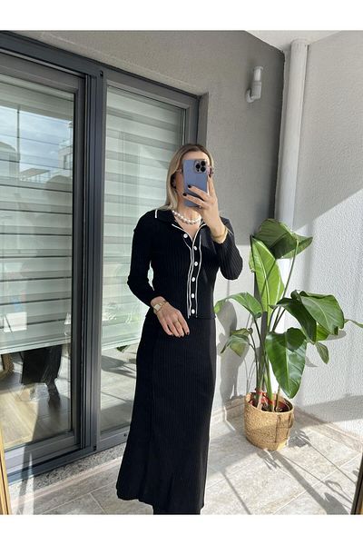 hot fashions بدلة مخططة بياقة بولو باللونين الأبيض والأسود - مضلعة