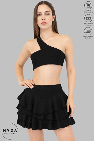 Nyda Collections Mini fustă neagră cu volane, țesătură înfășurată în straturi...