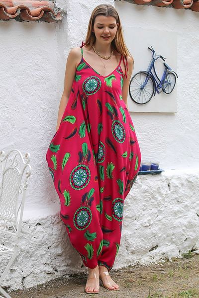 Chiccy Fuchsia V-Neck Oversize Woven Baggy Leg Jumpsuit - Strap Pocket and Allover Printed