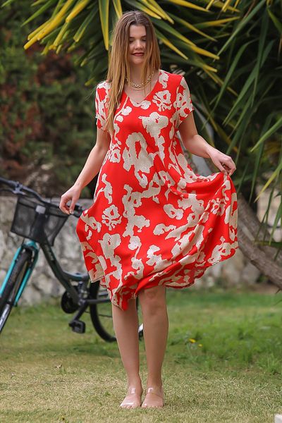 Chiccy Rochie midi Rosie - Decolteu in V, mânecă scurtă, fustă Ovala, Imprimat Allover, Casual