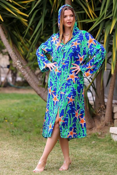 Chiccy Petrol Blue Print Allover - Rochie casual cu mânecă lungă, cu glugă și cu fante