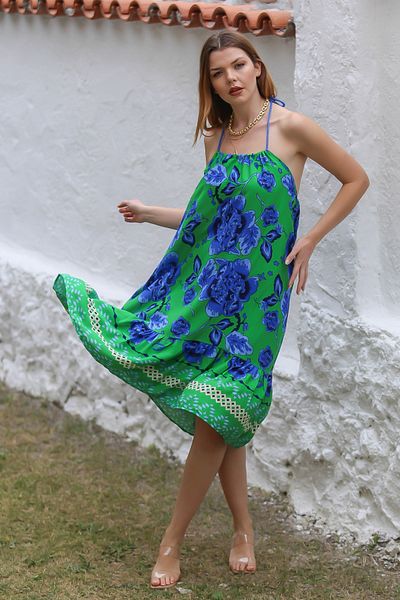 Chiccy Fustă cu volan albastru - verde rochie casual imprimată peste tot