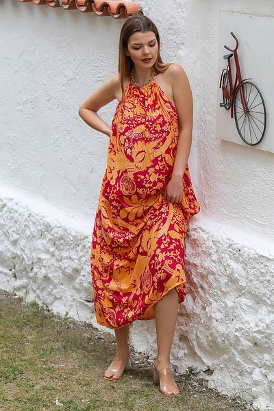 Chiccy Red Coral - Long Fit Casual Dress with Straps and Allover Print