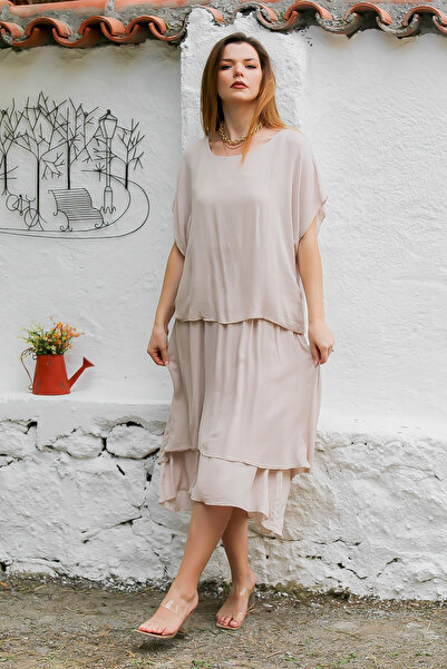 Chiccy Φόρεμα Camel Color Double Layer Boat Neck με χαμηλό μανίκι