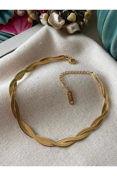 SU PERİSİ TAKI BİJUTERİ Steel Gold 2-Piece Spiral Italian Chain Anklet