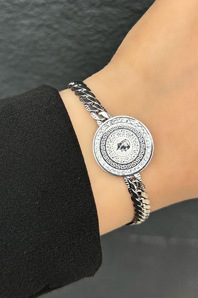 TAKIŞTIR سوار فولاذي بتفاصيل ميدالية فضية اللون