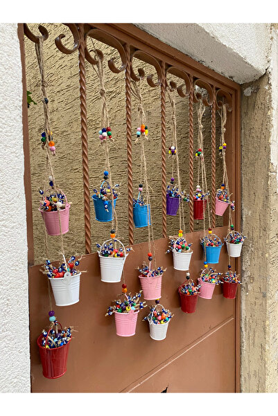 KARDEŞLER BONCUK HEDİYELİK EŞYA 1 Adet 3'Lü Bereket Kovası, Balkon Bahçe Mutfak Süsü, El Yapımı Metal Kova, Püsküllü Sarkaç Kova