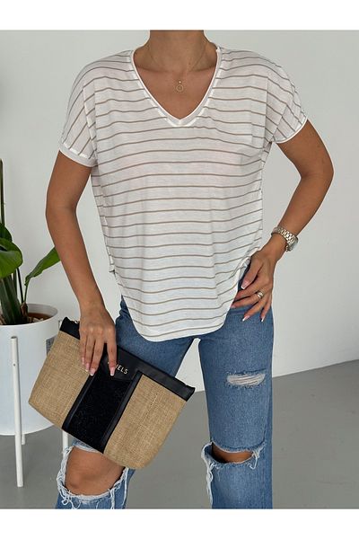 ladyzey Γυναικεία μπλούζα με ριγέ V λαιμόκοψη - Off Shoulder