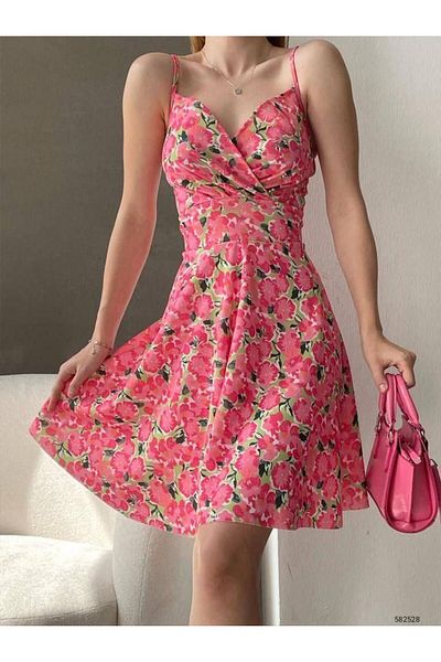 rengafashion Rochie mini din stofă creponată colorată - Guler dublu și bretele elastice la spate