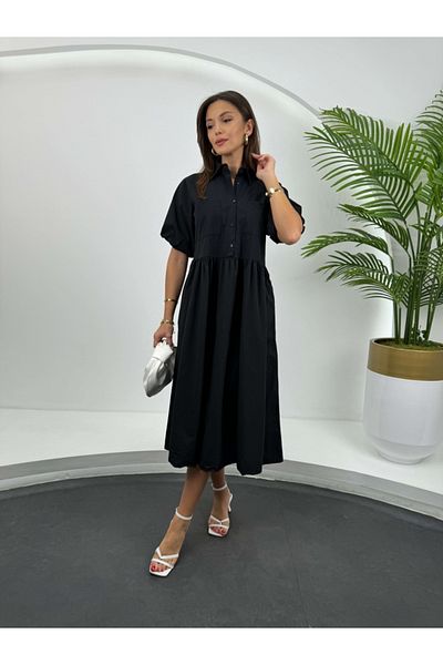 Elif Özbey Butik Rochie neagră din Gabardine, cu buzunare cu mâneci cu balon