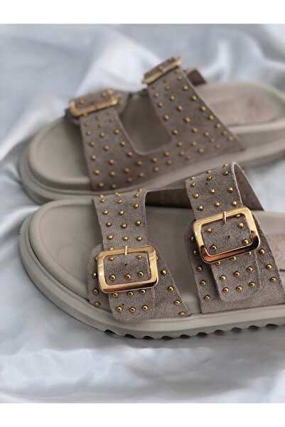 Hg Ayakkabı Jelena Beige Suede High Slippers - 3 cm