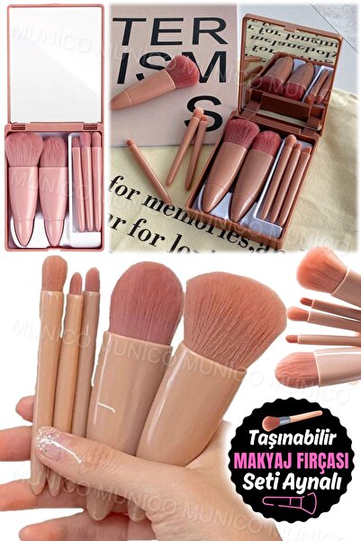 Munico 5'li Mini Seyahat Makyaj Fırçaları Ayna Kutusu ile Takım Elbise Mükemm...