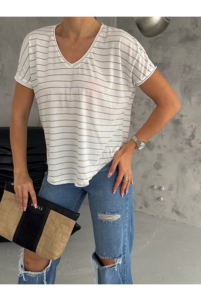 ladyzey Γυναικεία μπλούζα με ριγέ V λαιμόκοψη - Off Shoulder