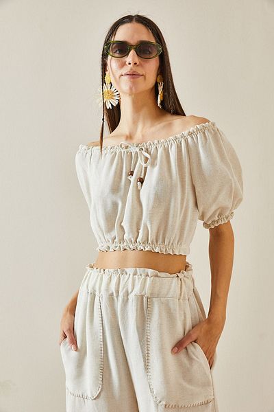 XHAN Boat Neck Crop Blouse - Gathered, Ecru 5YXK2-48623-52