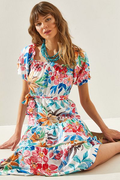 Bianco Lucci Floral Pattern - Belted Elastic Waist Dress 593460251339