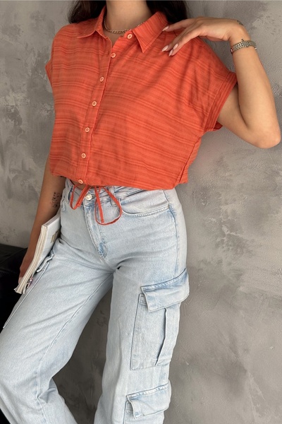 FEMELLE Orange Short Sleeve Crop Women's Shirt - Drawstring Waist