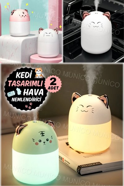 Munico 2 Adet Sessiz Çalışan Masaüstü Hava Nemlendiric Kedi Figürlü 7 Renkli Rgb Aydınlatmalı Tatlı Yatak