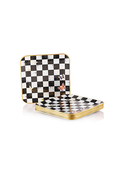 B&M Damalı Kelebek Desenli Kare Pasta Tabağı 6 Adet