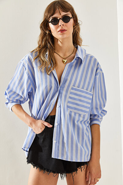 Bianco Lucci Cămașă oversize cu dungi pentru femei cu decolteu în V - 445860251331
