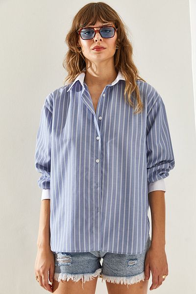 Bianco Lucci Cuff Collar Striped Women's Shirt - 444260251327