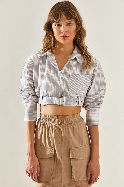 Bianco Lucci Striped Crop Shirt with Belt Detail - Women's 444160251322