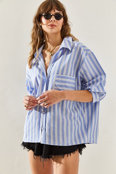 Bianco Lucci Gestreiftes Oversize-Shirt mit V-Ausschnitt für Damen - 445860251331