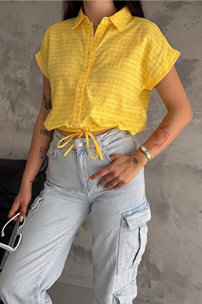 FEMELLE Women's Yellow Crop Shirt - Short Sleeve and Drawstring Waist