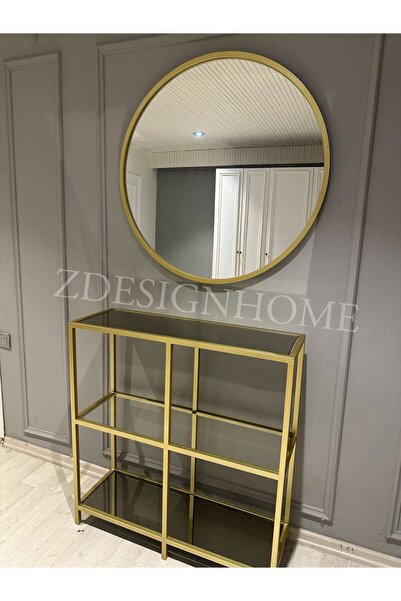 zdesignhome 90 Çap Kafes Ayna, 90x30x95 Cm Dresuar Gold Z02