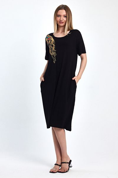 AYASOFYA OTANTIK Black Embroidered Short Sleeve Combed Cotton Dress for Women