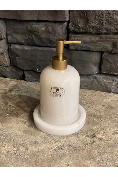 Polen Stone 1st Class Craftsmanship White Marble Matte Gold Detailed Liquid Soap and Tray Set of 2
