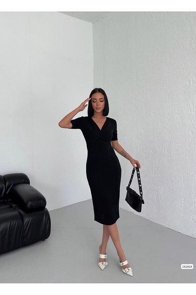 Esinty Rochie Midi Esinty pentru Dama - Guler Dublu, Maneca Scurta, Tesatura Crepon, Culoare