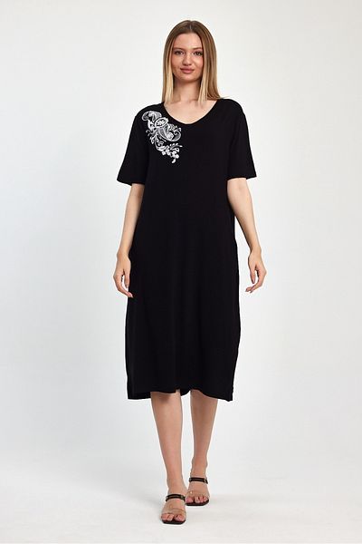 AYASOFYA OTANTIK Black Embroidered Short Sleeve Women's Combed Cotton Dress
