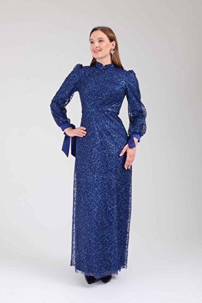 SpringStore Lacivert Kolları Fiyonklu Simli Tesettür Abiye Elbise