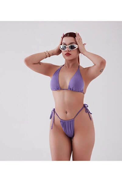 elifbilginbutik mor renk üst üçgen yüksek bel arkası ayarlanabilir alt saten brezilyan kadın bikini takımı mayo