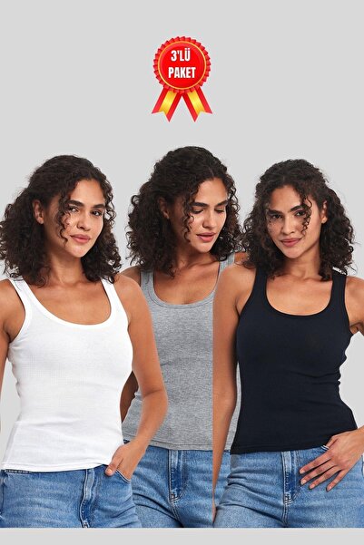 mmetalic Tricou de bază din 3 piese pentru femei, negru-alb-gri, cu aspect cu...